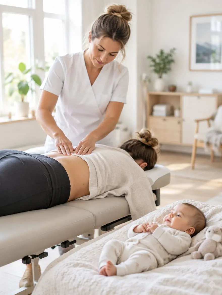 Behandler behandler ryggen mens babyen ligger ved siden av benken