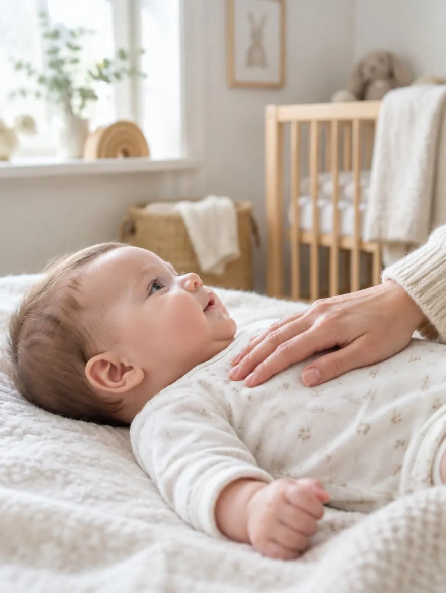 Baby som ligger på ryggen med hodet vendt til én side