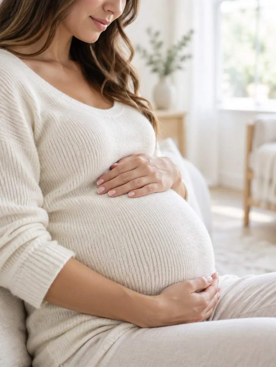 Gravid kvinne som holder hendene rundt magen