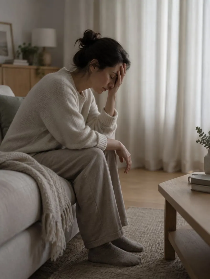 Person som hviler pannen i hånden i et dempet rom